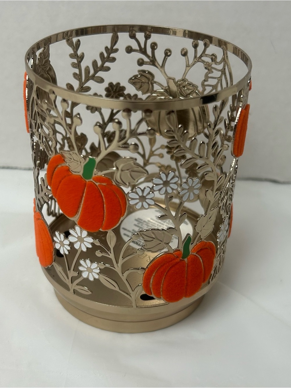 Bath & Body Works Candle Holder Gold Tone Flocked Pumpkins Halloween